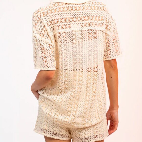 Women Benaar LA Jeiley Cream 2Pc Set Crochet Gauzy Contrast Collared Top Short M - Picture 3 of 13